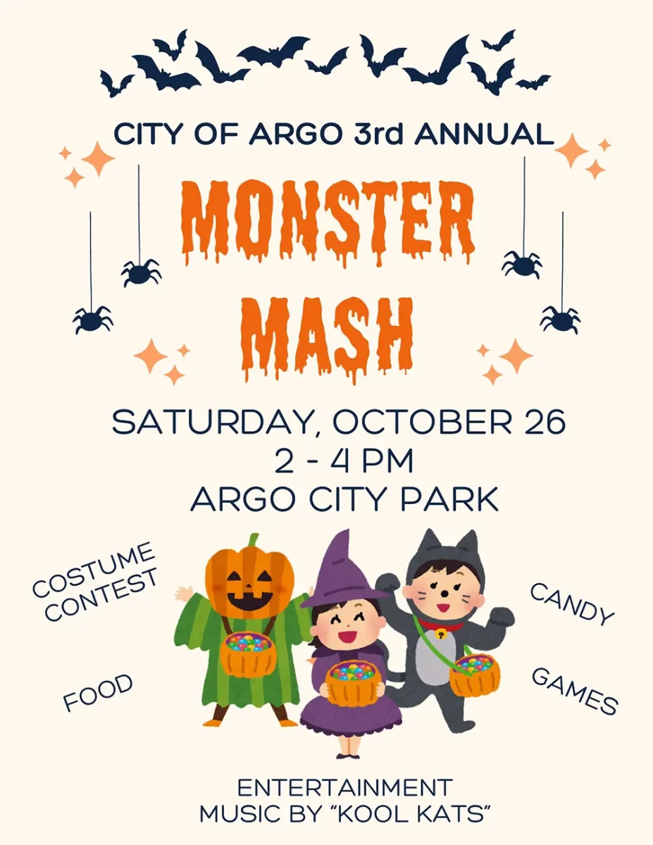 Join the City of Argo for Halloween 2024 with our 3rd Annual Monster Mash scheduled for Saturday, October 26 from 2-4p at Argo City Park!